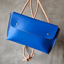 Load image into Gallery viewer, blue leather pouch, blueleather, binding pouch, handmade in Prague, handmade leather craft, leather craft, vegetable tanned leather