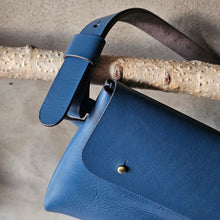 Load image into Gallery viewer, vegetable tanned leather, vegetable tanned leather handbag, blue leather, leather cross bag, leather hip bag, natural leather bag