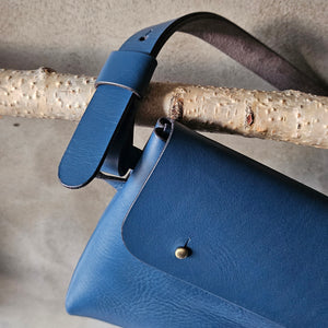 vegetable tanned leather, vegetable tanned leather handbag, blue leather, leather cross bag, leather hip bag, natural leather bag